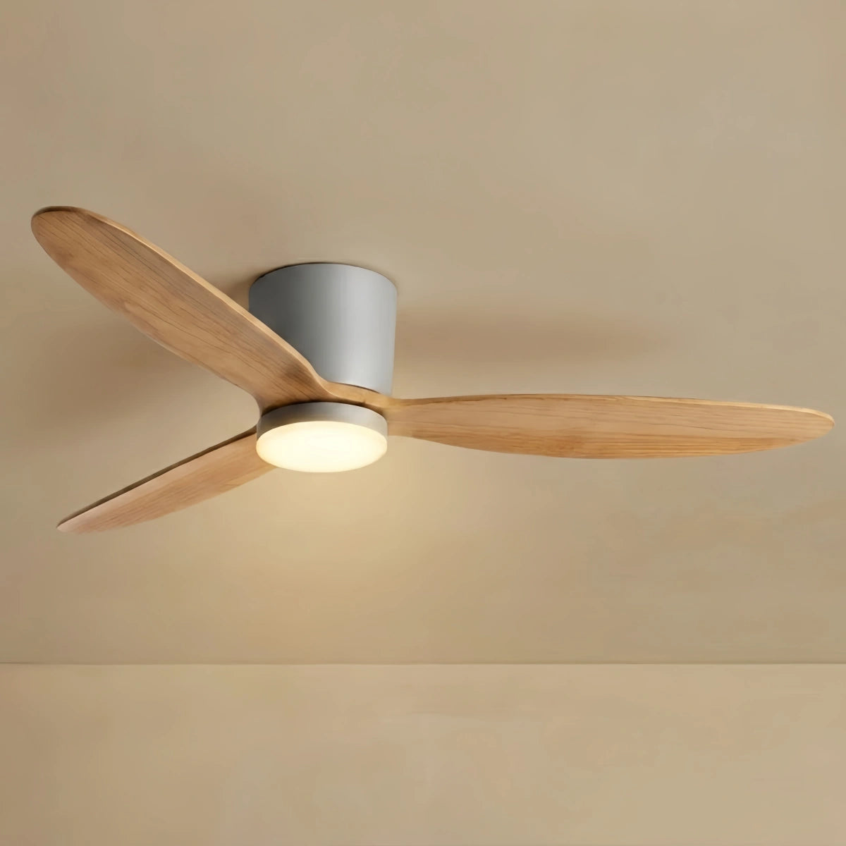 Vivara Minimalist Low Profile Ceiling Fan Light — Wood Finish with Integrated LED for Living Room