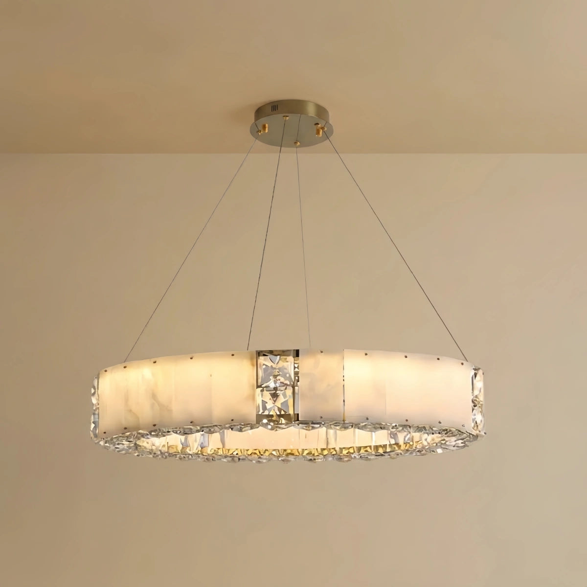 Modern Alabaster Circular Chandelier – Gold Crystal Accent for Living Room / Dining Room