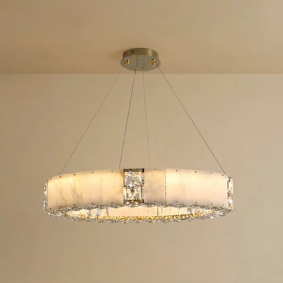 Modern Alabaster Circular Chandelier – Gold Crystal Accent for Living Room / Dining Room