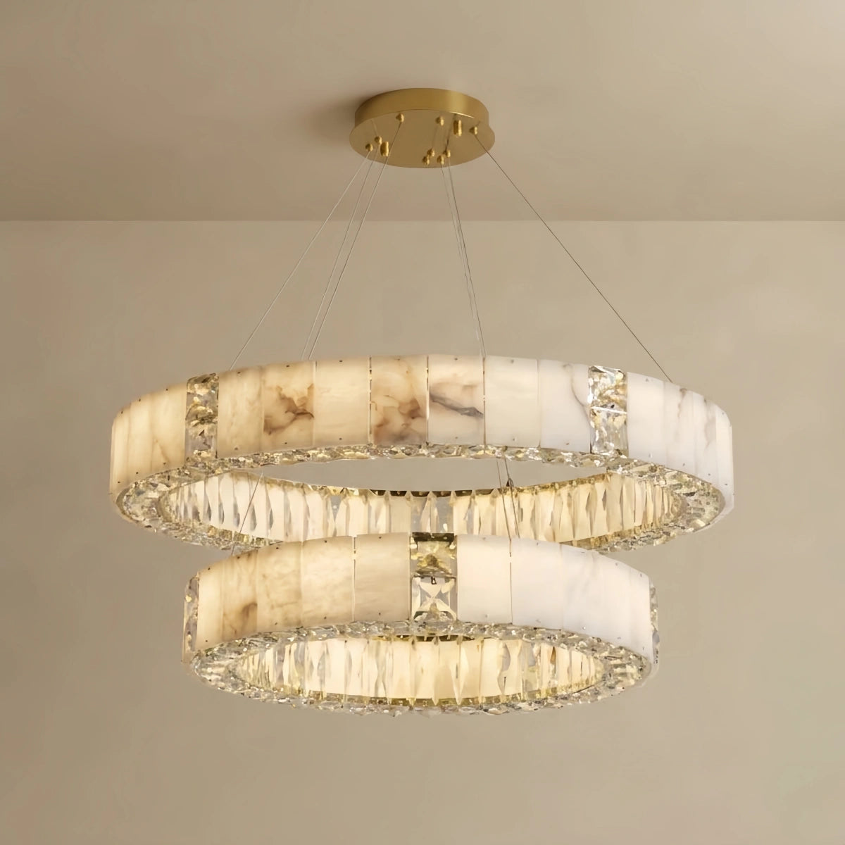 Alba Modern Alabaster Circular Chandelier – Gold Crystal Accent for Living Room 