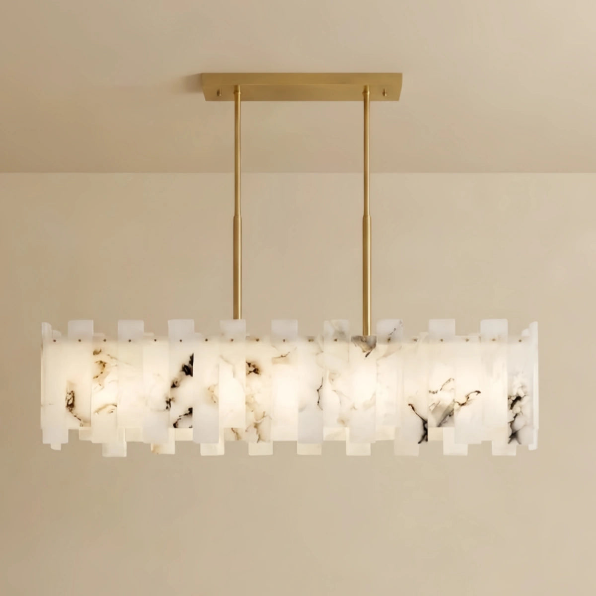 Alba Art Deco Square Alabaster Chandelier – Hollow Frame Gold Pendant Light for Dining