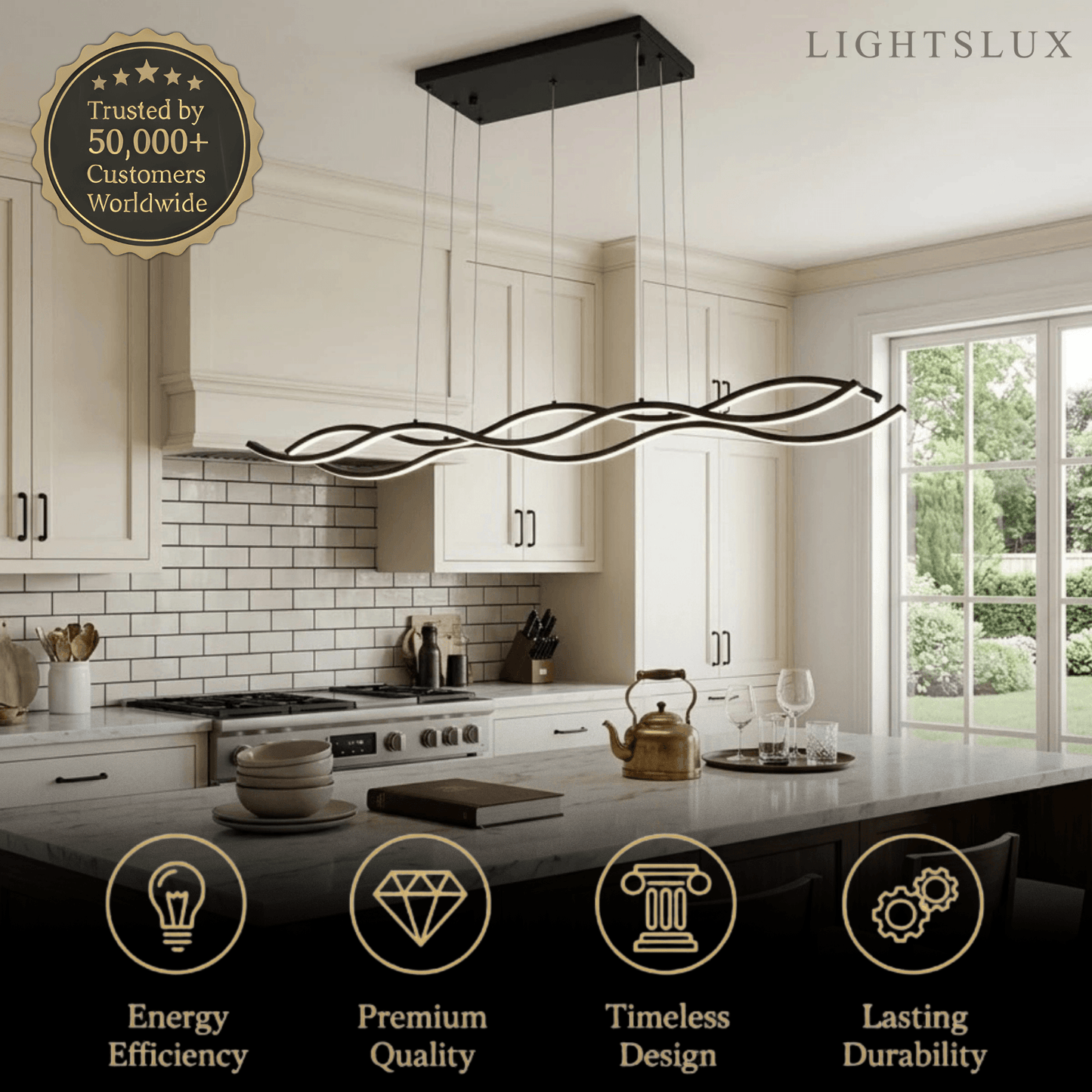 Modern Wavy Pendant Light -- Acrylic & Metal Black/White/Gold