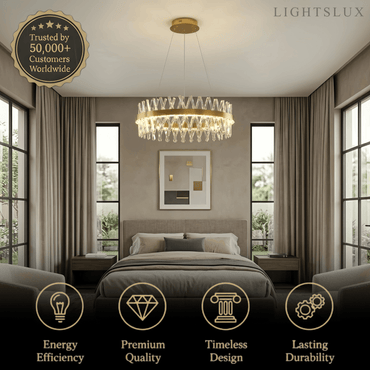 Excelis Crystal Prism Round Chandelier – Gold Metal for Dining Room / Living Room