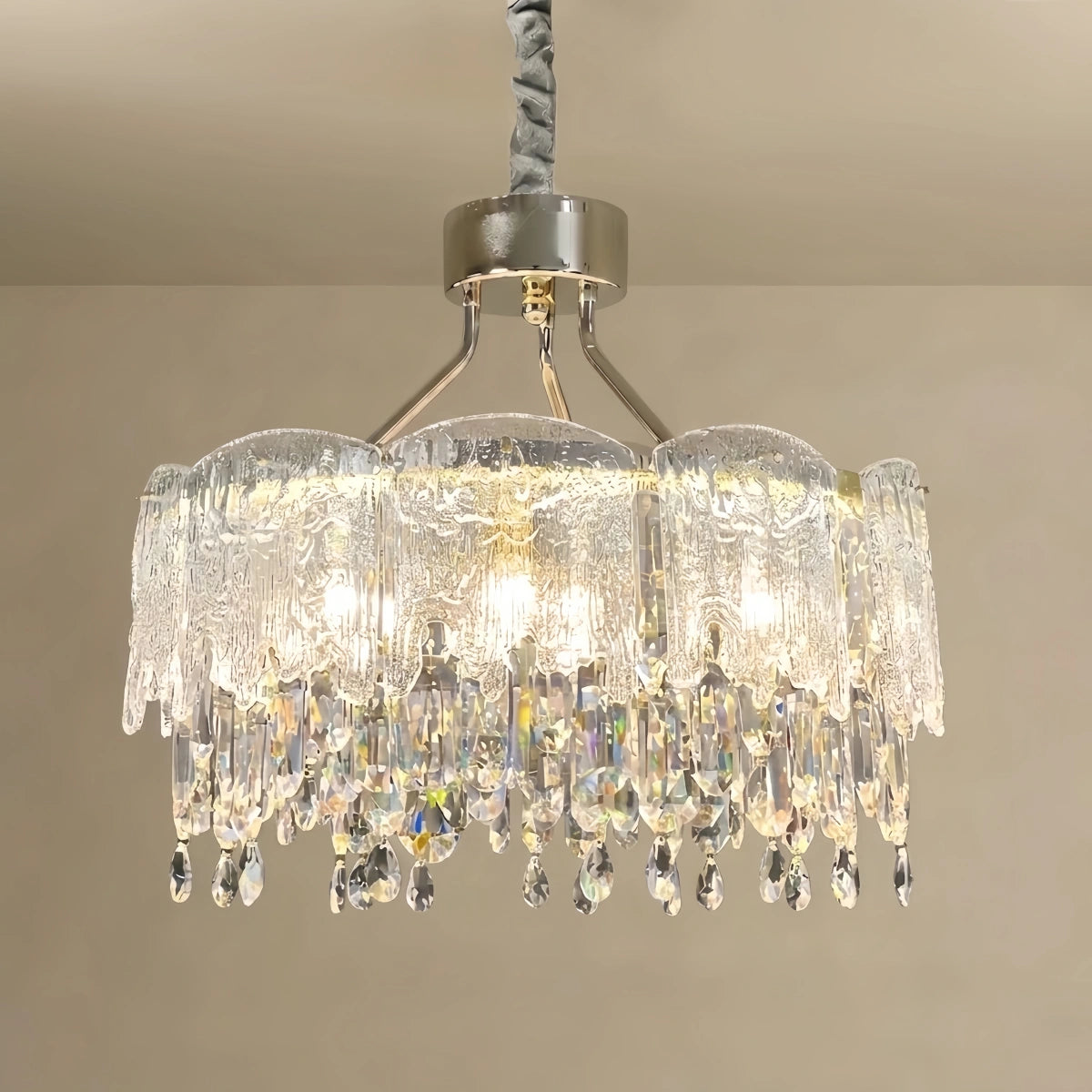 Vetro Elegant Glass Fringe Crystal Chandelier – Green/Pink/Clear Round for Dining Room
