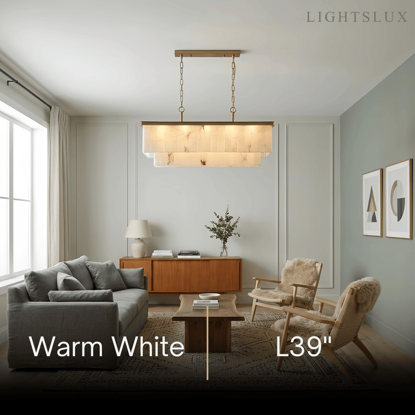 Modern Rectangular Alabaster Chandelier -- Gold