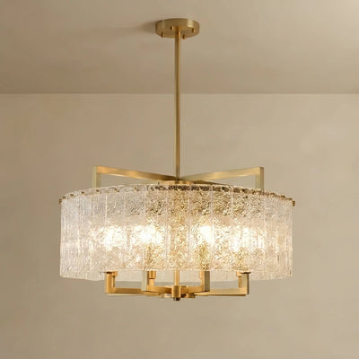 Excelis Modern Textured Glass Round Chandelier – Gold Brass for Dining Room 