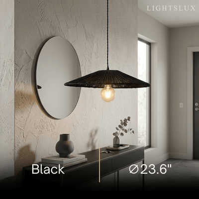 Bamburo Natural Japanese Style Rattan Pendant Light - Brown/Black Hemp Rope for Kitchen, Dining Room & Living Room