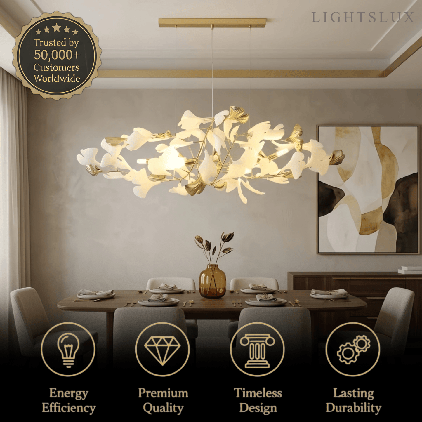 Velora Minimalist Ginkgo Leaf Chandelier -- Iron & Glass for Dining Room