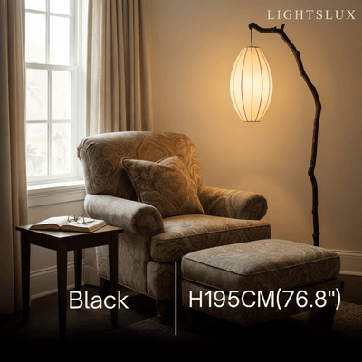 Wabi-sabi Sculptural Tree Floor Lamp -- Resin & Fabric Black/Brown