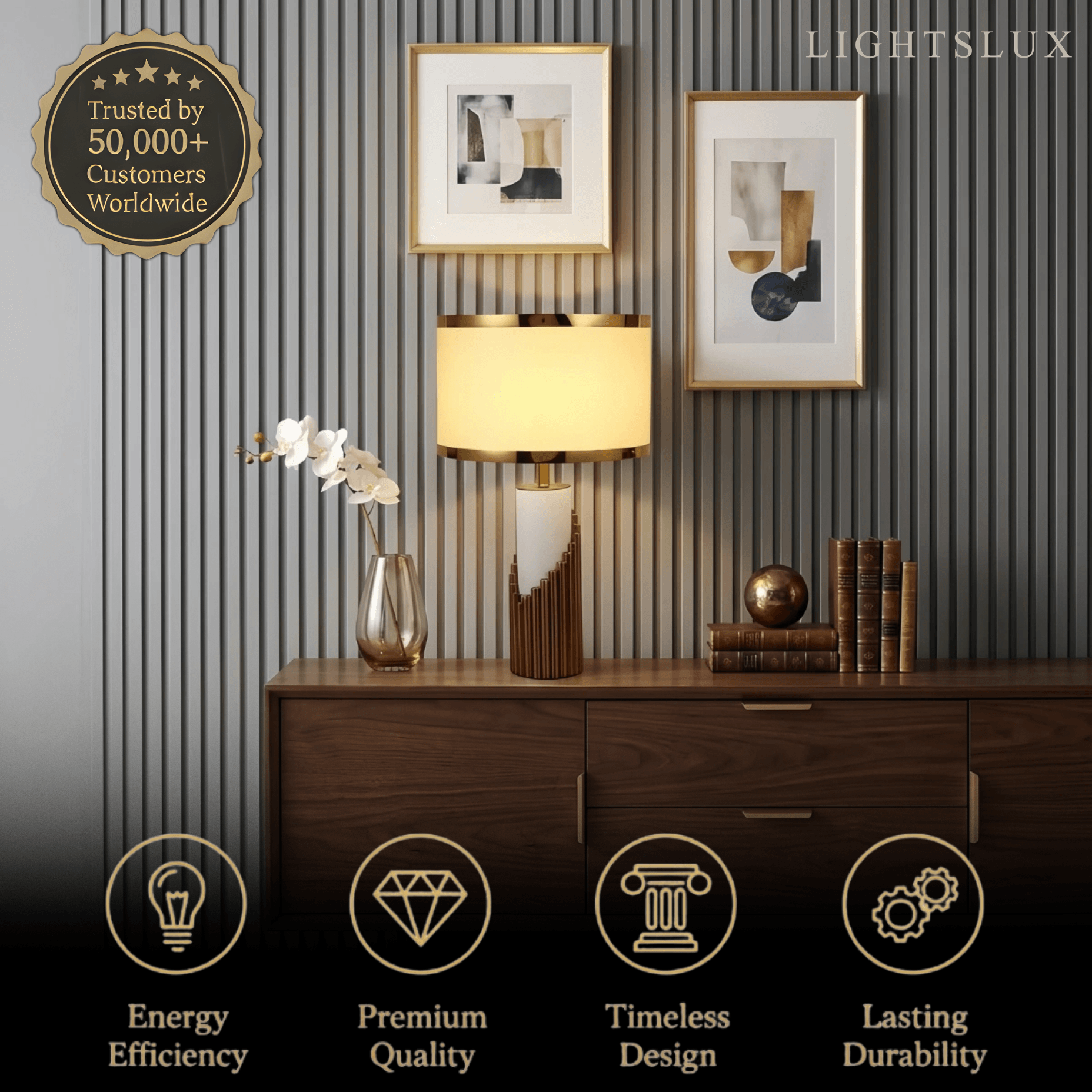 Lunara Royal White & Gold Table Lamp – Cylindrical Metal & Fabric for Bedroom
