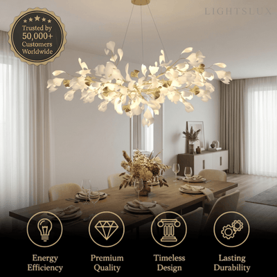 Excelis Art Deco White Chandelier – Metal/Acrylic Gingko Design for Living Room