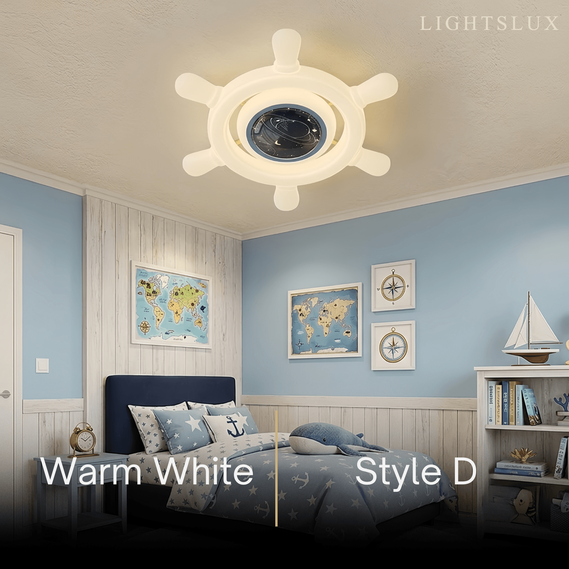 Vivara Art Deco Ship's Helm Ceiling Light -- Iron & PE Dimmable White/Blue for Bedroom