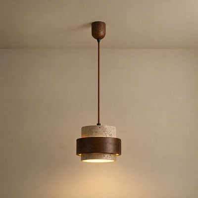 Strata Modern Travertine Pendant Light — Walnut Wood for Dining Room