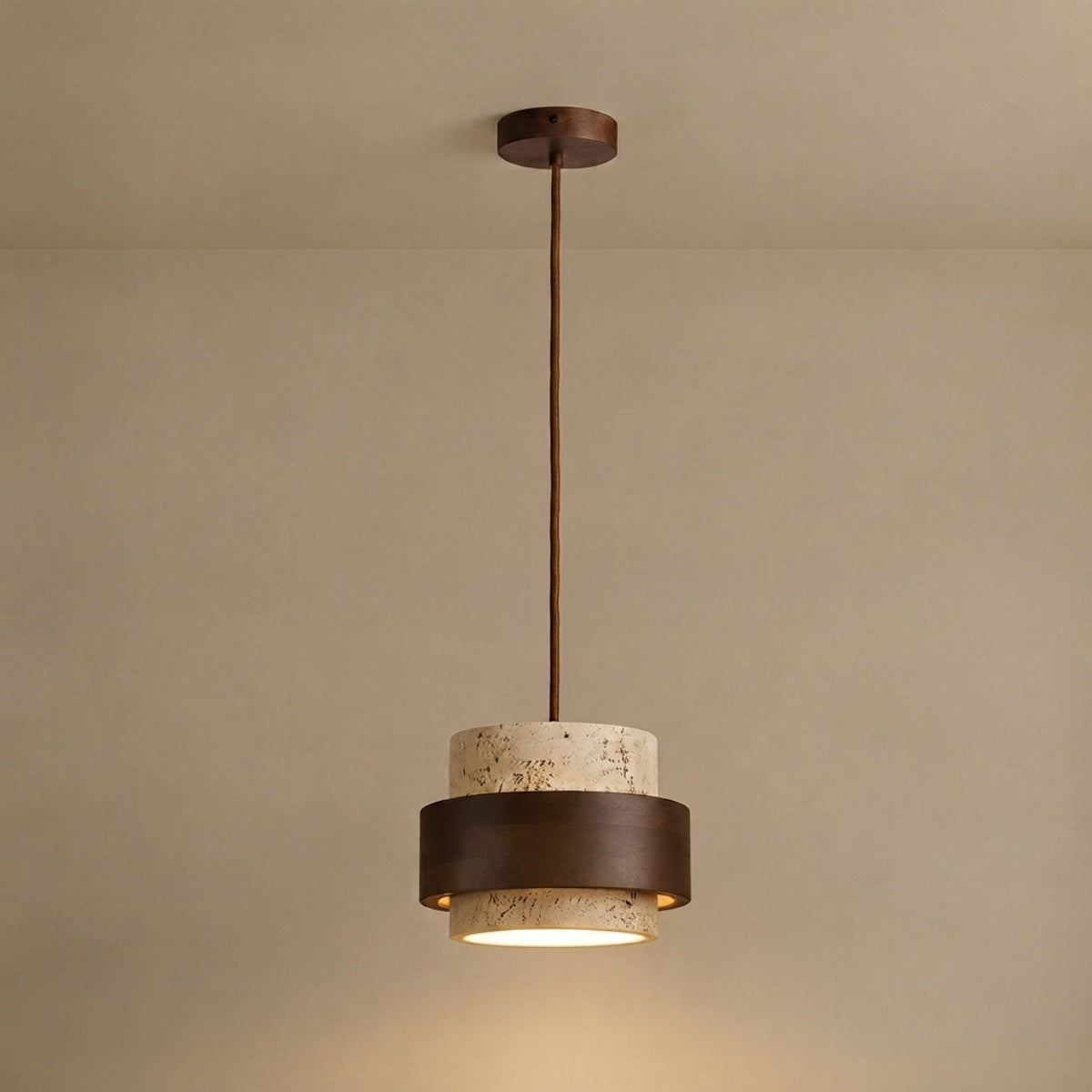 Strata Modern Travertine Pendant Light — Walnut Wood for Dining Room