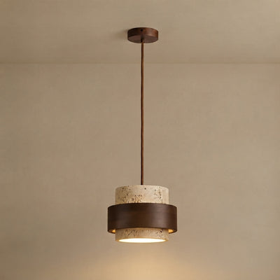 Strata Modern Travertine Pendant Light — Walnut Wood for Dining Room