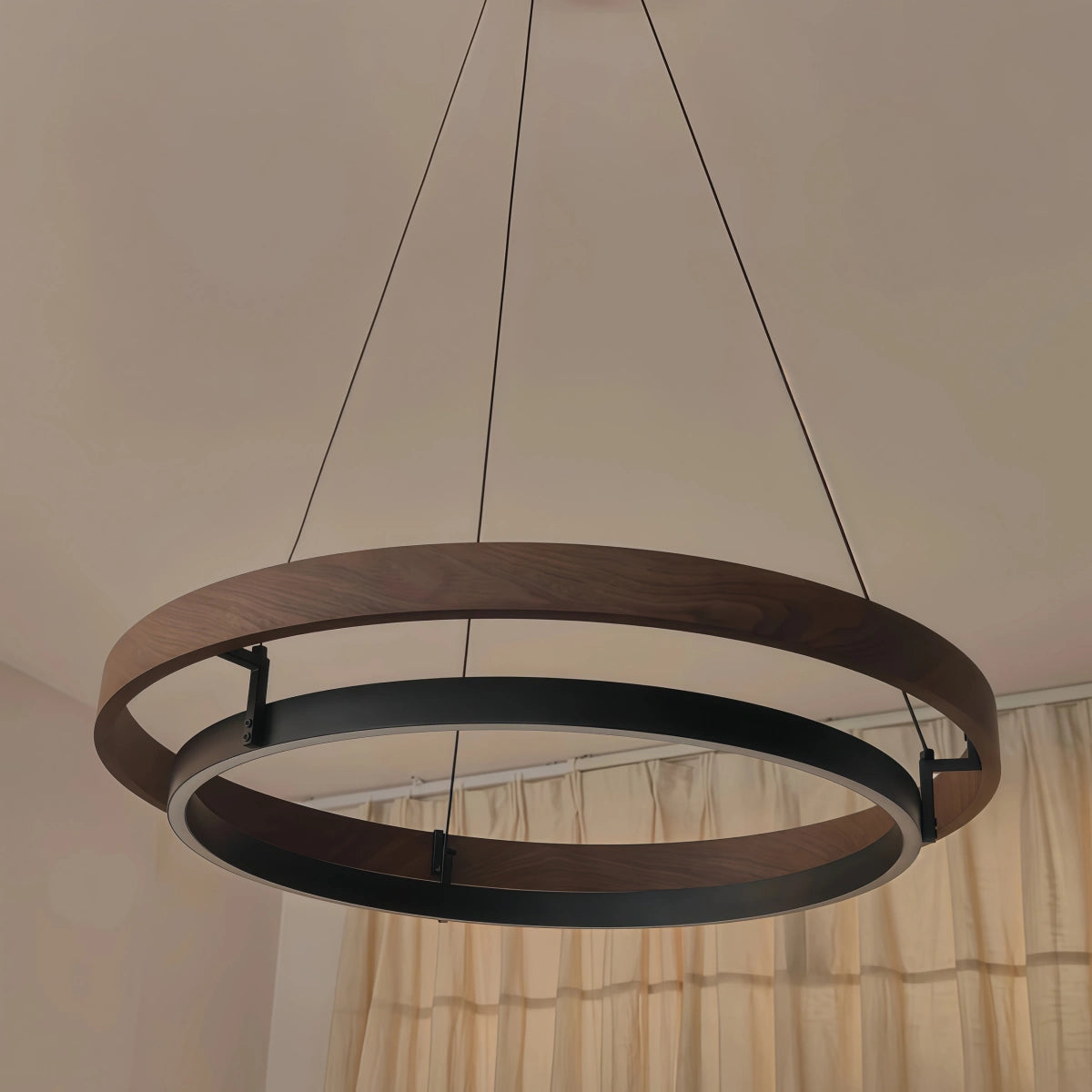 Zenno Modern Farmhouse Chandelier – Wood & Black Acrylic Circular LED for Dining Room