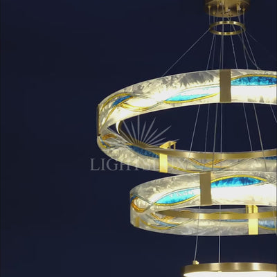 Art Deco Enamel Chandelier – Textured Glass Brushed Brass Blue Amber for Dining Room