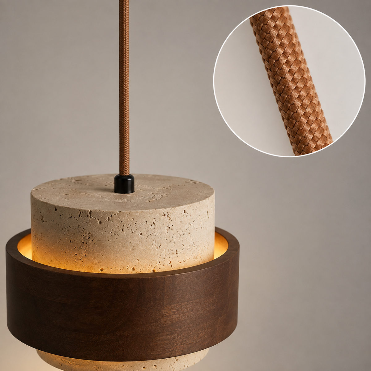 Strata Modern Travertine Pendant Light — Walnut Wood for Dining Room
